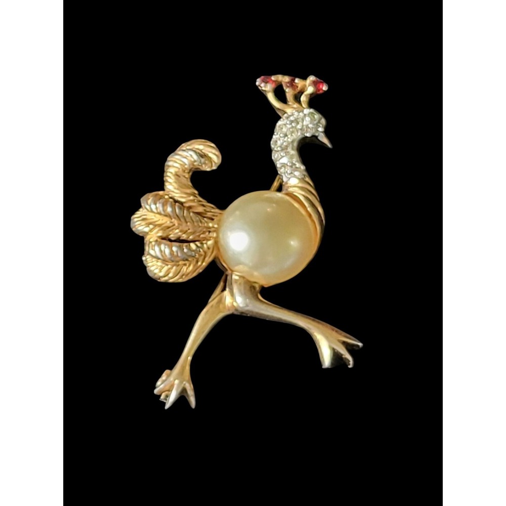 Vintage 1940s Ostrich Bird Faux Pearl Jelly Belly Rhinestone Brooch Pin Gold
